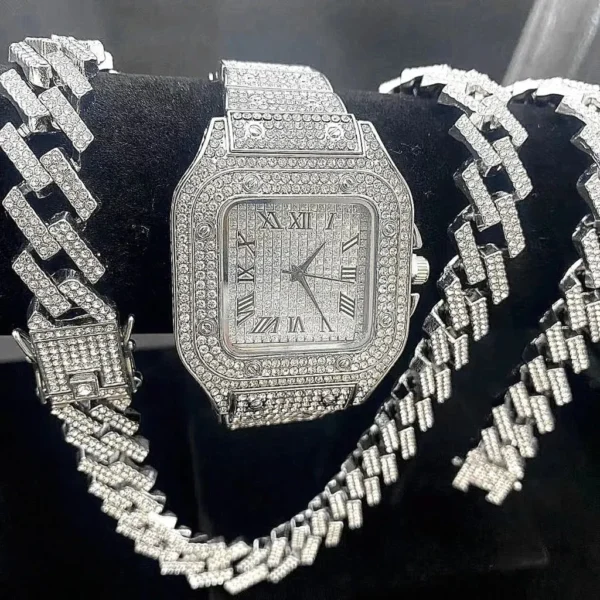 3PC_Set Crystal Watch for Men Necklace Bracelet img2