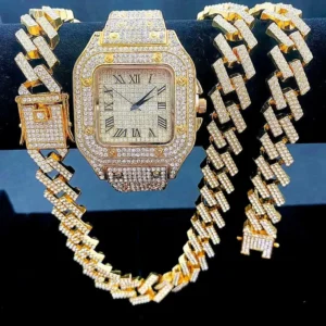 3PC_Set Crystal Watch for Men Necklace Bracelet